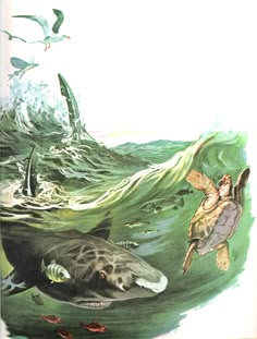 an illustration of a turtle swimming in the ocean next to a turtle and seagulls