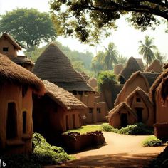 an old village with thatched roof houses