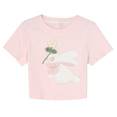 This cute and charming t-shirt features a lovely bunny design, making it a perfect addition to any kawaii or lolita wardrobe. The bowknot and flower detail add an extra touch of sweetness.  Please note that this product includes only one T-shirt.  Garment Size   	 		 			Size 			S 			M 			L 		 		 			Full Length 			37 			38.5 			40 		 		 			Bust 			77 			81 			85 		 		 			Shoulders 			33.5 			34.5 			35.5 		 		 			Sleeve Length 			15.5 			16 			16.5 		 		 			Hem Circumference 			70 			74 			78 Spring Cotton T-shirt With Bow, Cute White T-shirt With Bunny Design, Cute Bow T-shirt For Spring, Cute Pink T-shirt With Bow, Cute Short Sleeve Easter T-shirt, Cute Cotton Tops With Bunny Design, Cute Cotton Top With Bunny Design, Cute Bunny Design Crew Neck T-shirt, Cute Cotton T-shirt With Pink Bow