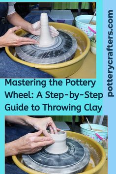 two pictures showing how to make pottery with the potter's wheel in front of them