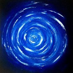 an abstract painting with blue and white swirls in the center on a black background