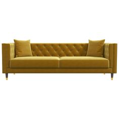 a yellow couch with two pillows on the back and one pillow on the side, in front of a white background