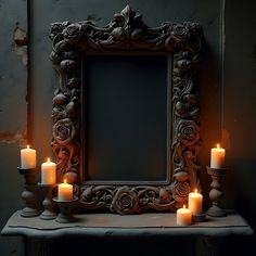 candles are lit in front of an ornate frame on a table with a candle holder