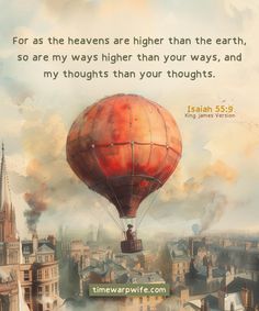 a painting of a hot air balloon in the sky with a bible verse below it