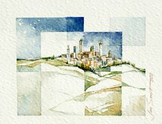 watercolor painting of a city in the distance with buildings and hills on it's sides