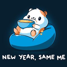 a cartoon cat sitting on a bean bag chair eating cereal with the caption new year, same me