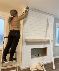 a woman standing on a ladder painting a wall with white paint and a dog laying in the foreground