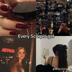 two pictures one has a woman holding a book and the other has a glass of wine