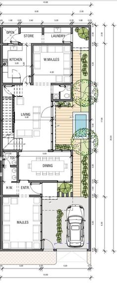 the floor plan for a two story house with an attached garage and living room area