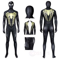 the spiderman suit is shown with yellow and black stripes on its chest, back, and