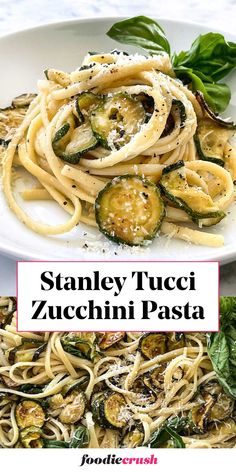 a plate of pasta with zucchini and spinach on it, next to the title