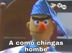 a cartoon character wearing a blue hat with words above it that read, a commo chingas hombe