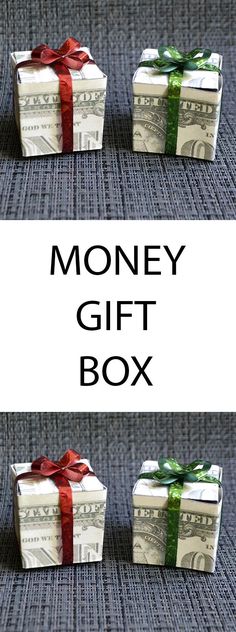 two stacks of money wrapped in red and green ribbon with the words money gift box