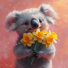 a painting of a koala holding yellow flowers