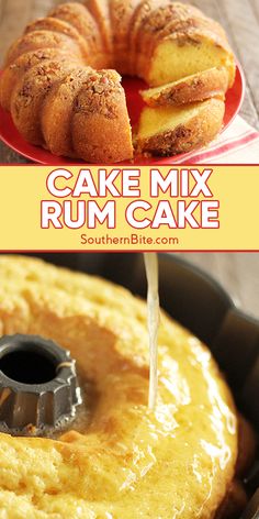 the cake mix is being drizzled on top of the bundt cake