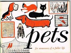 an orange and black book cover with dogs, cats, and other things on it