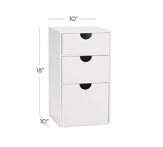 a white cabinet with three drawers and measurements for the bottom drawer, which has two black knobs on each side