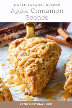 an apple cinnamon scones with caramel glaze on top and in the background