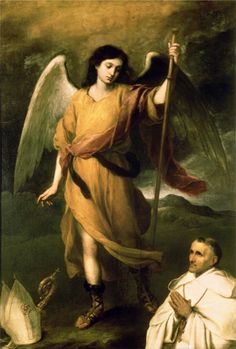 an angel holding a staff and standing next to a man