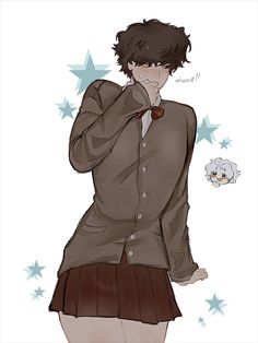 an anime character wearing a skirt and jacket with stars on the background, holding his hand to his face