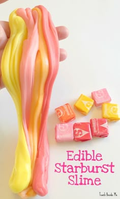 an advertisement for edible starburst slime on instagram, with candy in the foreground