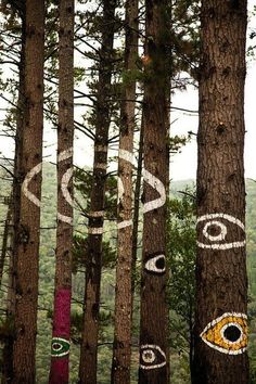 several trees with painted faces on them in the woods