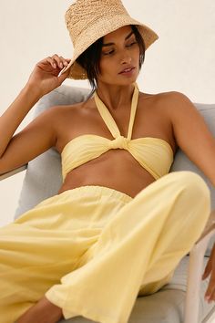 Cotton Tie styling Machine wash Imported | Shaniah Halter Top by Charlie Holiday in Yellow, Women's, Size: Medium, Cotton at Anthropologie Yellow Bathing Suit, Tie Styling, Tropical Romper, Holiday Pants, Bell Sleeve Romper, Belted Romper, Culotte Jumpsuit, Short Playsuit, Womens Bathing Suits