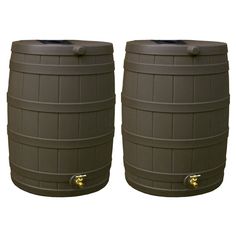 two brown plastic barrels sitting side by side