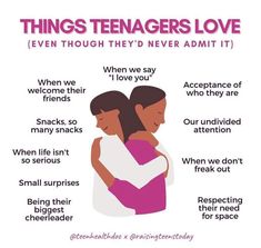 two women hugging each other with the caption saying things teenagers love even though they'd never admit it