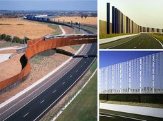 four different views of the same highway and bridge, including one with a curved road