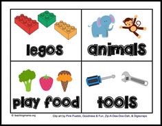 the words legos, animals, and play food are displayed in this printable poster