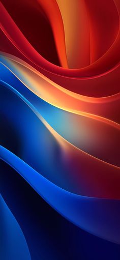 an abstract background with blue, red and orange waves in the foreground on top of each other