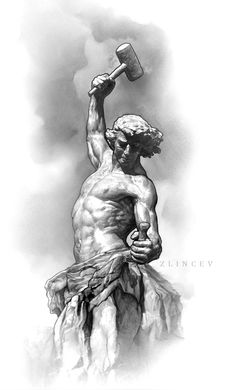 a black and white drawing of a man holding a hammer over his head with clouds in the background