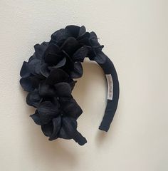 This gorgeous black hydrangea half crown headband has been carefully handmade on a hand covered crepe silk fabric headband. This bespoke handmade head crown is light, soft and super comfortable and boasts a quality  luxurious, sustainable finish. Enjoy the hydrating benefits of wearing silk on a handcrafted padded band, rather than a cheap synthetic satin or velveteen sponge headband. FIT and SIZE A flexible padded base band to fit all head sizes PACKAGING Each headband is wrapped in pretty acid Elegant Black Hair Accessories With Matching Headband, Black Spring Headband Fascinator, Black Spring Fascinator Headband, Spring Black Headband Fascinator, Black Spring Headband, Black Headband For Kentucky Derby, Black Headband For Spring, Black Hair Accessories For Spring Evening Events, Black Hair Accessories For Evening In Spring