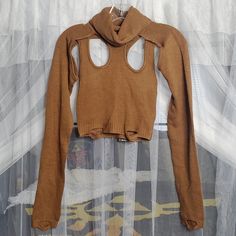 Nwt Darker Wavs By Dollskill Atmosphere Knit Cut-Out Turtleneck Distressed Sweater Top Xs Brown 100% Acrylic - Comes With Darker Wavs Necklace - Style Is Sold Out!!! Y2k Crop Top For Fall Streetwear, Fall Cropped Y2k Tops, Cropped Y2k Tops For Fall, Y2k Fitted Crop Top For Winter, Y2k Style Fitted Sweater, Trendy Brown Open Knit Sweater, Y2k Knitted Tops For Fall, Fall Y2k Stretch Sweater, Brown Fitted Knitted Top