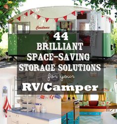 the words brilliant space saving storage solutions for your rv camper are shown in this collage