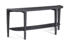 a black wooden table with two shelves on each side and one shelf below it, against a white background