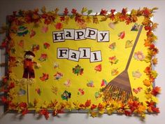 a happy fall bulletin board with autumn leaves and scarecrows on the front wall