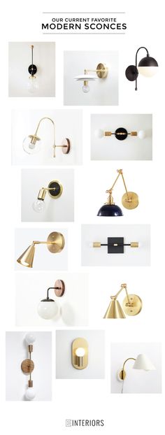 several different types of modern lighting fixtures in various styles and colors, all with gold accents