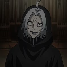 an anime character with grey hair wearing a black hoodie and looking at the camera