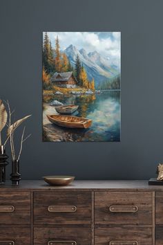 a painting on the wall of a room with a boat and mountains in the background