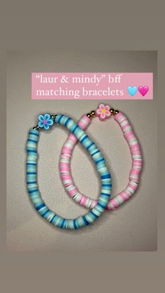 two bracelets with flowers on them and the words'laur & mindy bf