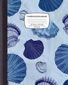 the composition book features blue seashells and scallops