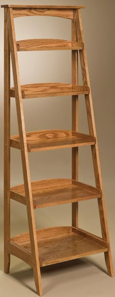 a wooden ladder shelf with three shelves on each side and two levels above the top