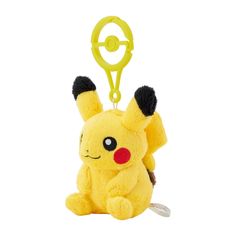 a yellow pokemon stuffed animal hanging from a keychain with a black nose and tail