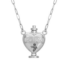 Vintage inspired functional perfume bottle necklace with naughty cupid up to no good. Text reads "Potion". 20in chain with 2in chain extension. Potion Necklace, Concept Of Love, Love Potions, Love Potion, Heart Shaped Necklace, Bottle Necklace, Antique Inspiration, Brass Pendant, Ancient Times