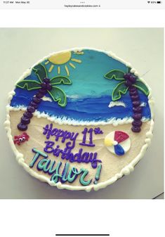 a decorated birthday cake with palm trees and the words happy birthday taulua on it