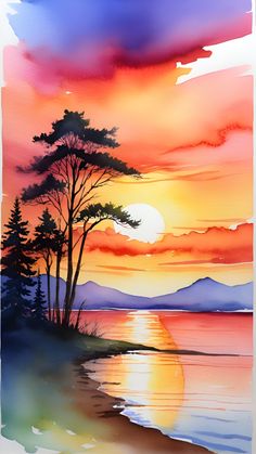 watercolor painting with trees and sunset in the background