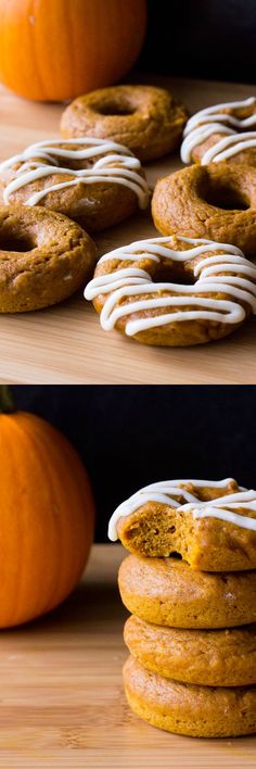 two pictures of pumpkin cookies with white icing on them and an orange pumpkin in the background