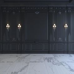 an empty room with black walls and marble flooring is pictured in this 3d image